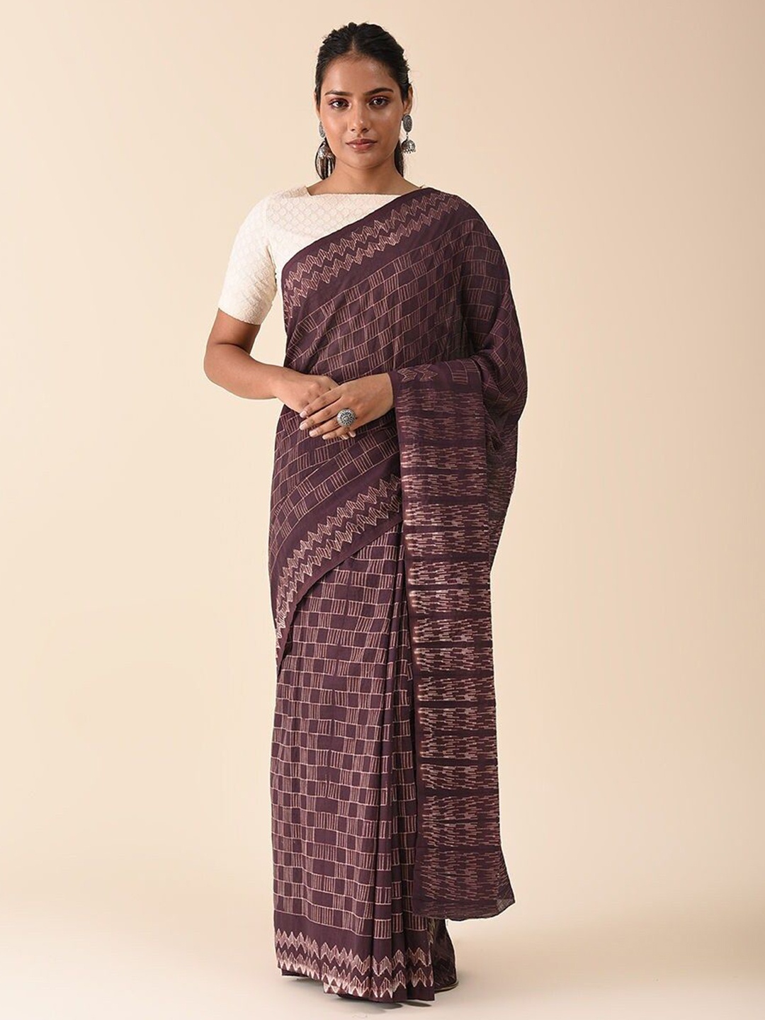 

JAYPORE Geometric Printed Pure Cotton Saree, Maroon