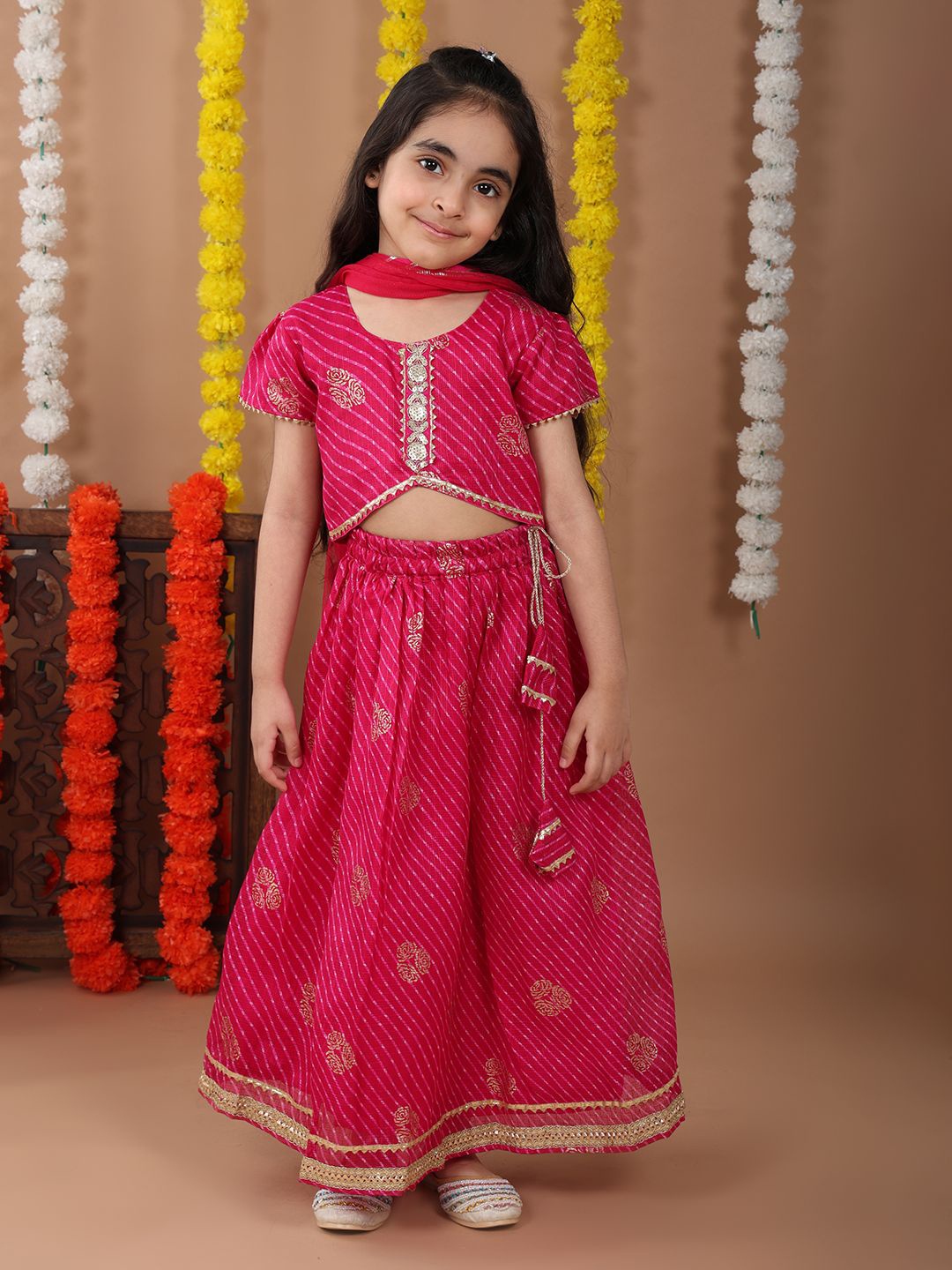 

Kinder Kids Girls Embellished Sequinned Ready to Wear Cotton Lehenga & Blouse With Dupatta, Pink