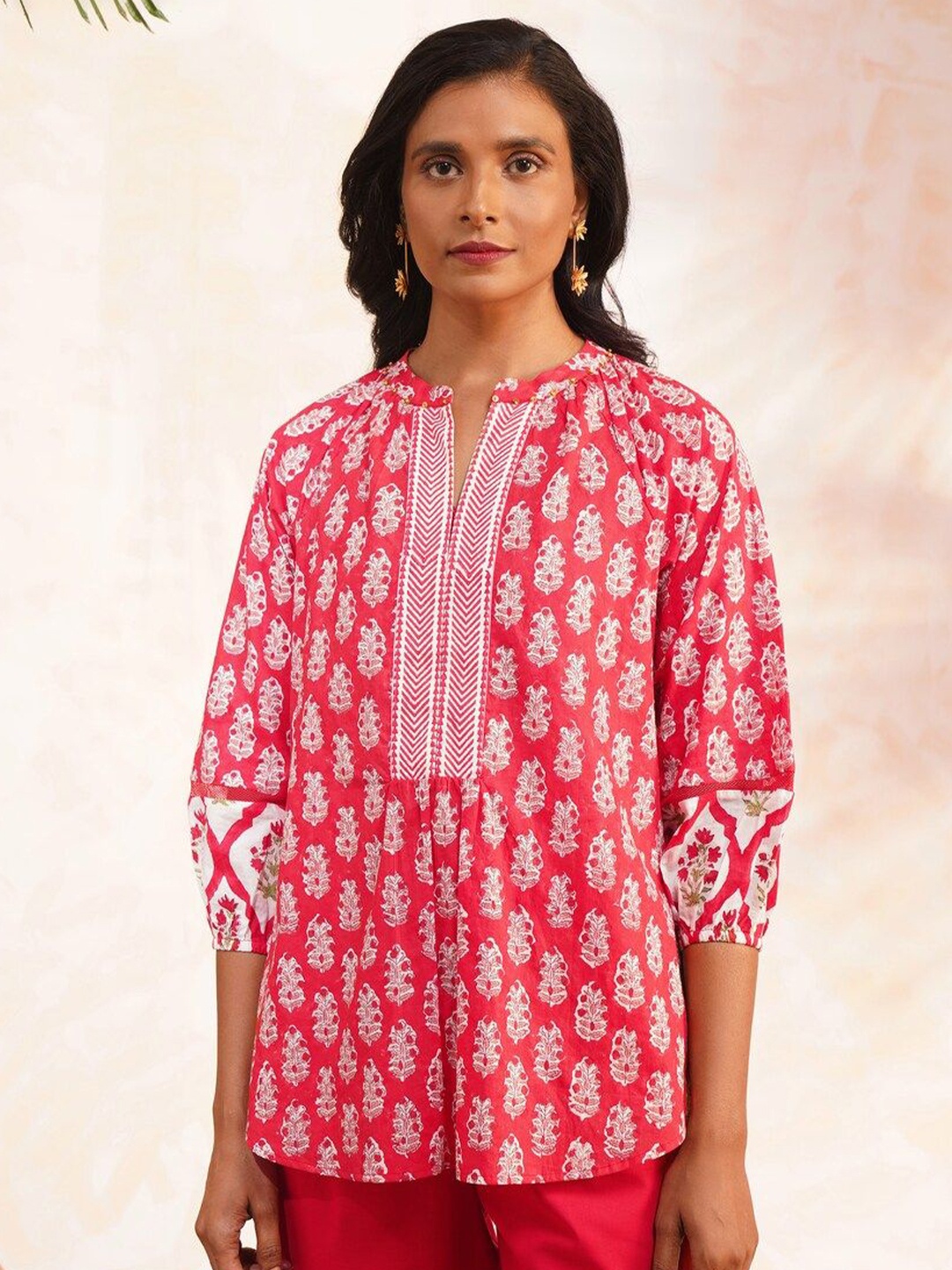 

JAYPORE Women Pure Cotton Mandarin Collar Printed Tunic, Red