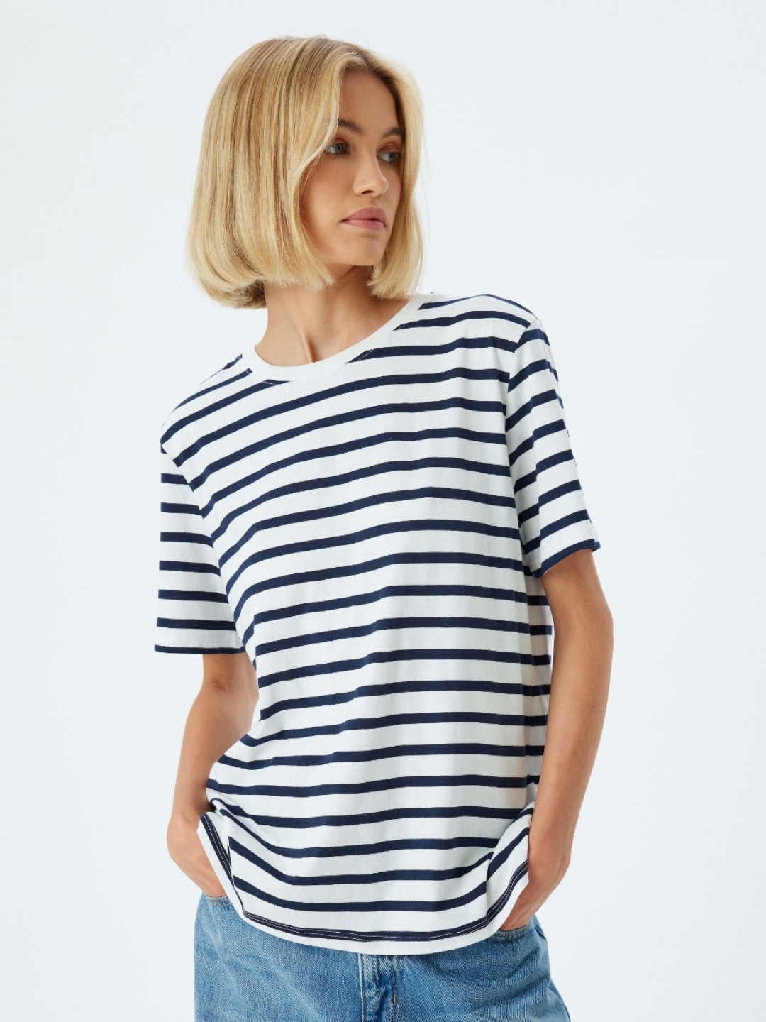 

Koton Women Striped Round Neck Cotton T-shirt, White