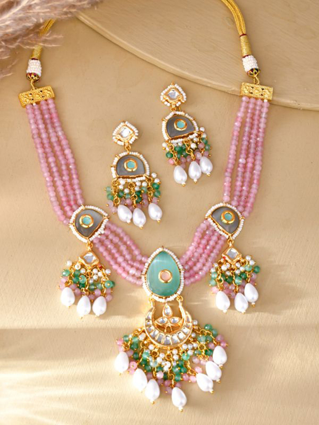

DASTOOR Gold-Plated Stone-Studded & Beaded Jewellery Set