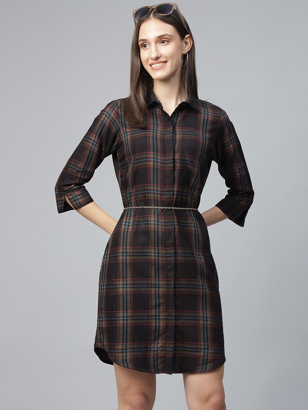 

Hancock Women Windowpane Checked Pure Cotton Formal Shirt Dress, Black