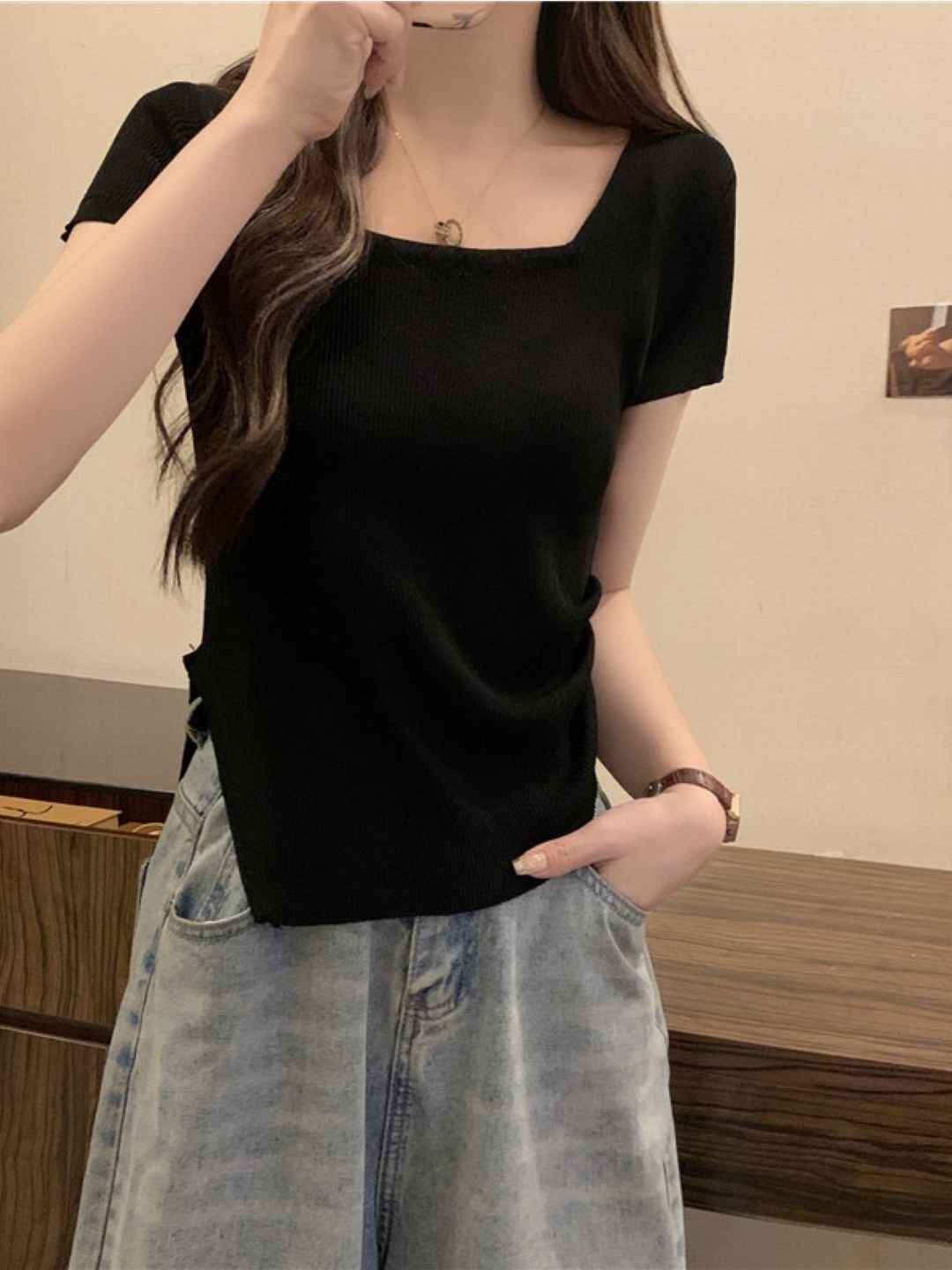

StyleCast Women Solid Square Neck Top, Black