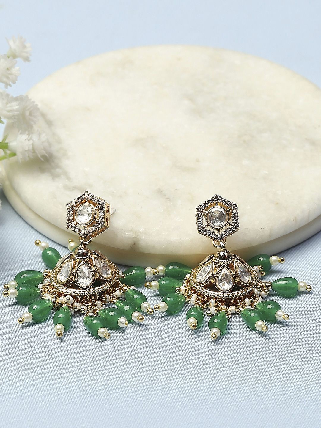 

Biba Gold-Plated Stone Studded & Beaded Contemporary Jhumkas, Green