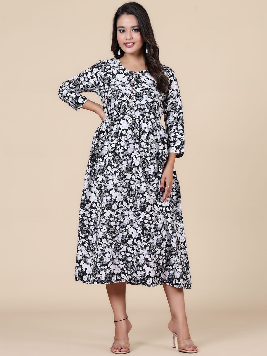 

HERE&NOW Women Printed A-Line Midi Dress, Black