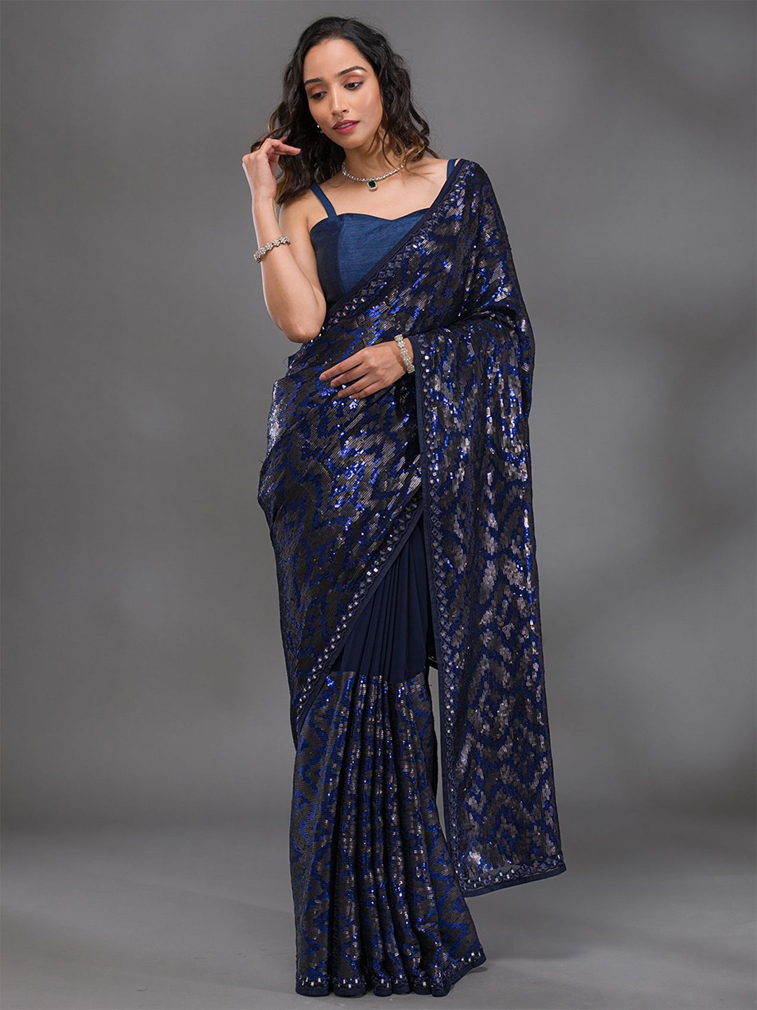 

Koskii Sequinned Saree, Blue