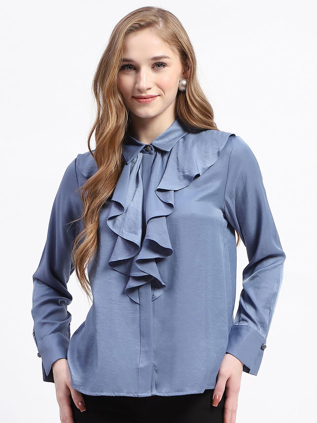 

Madame Women Spread Collar Solid Relaxed Fit Casual Shirt, Blue