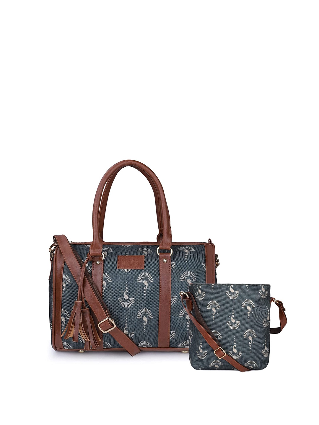 

THE CLOWNFISH Printed Structured Handheld Bag with Tasselled, Grey
