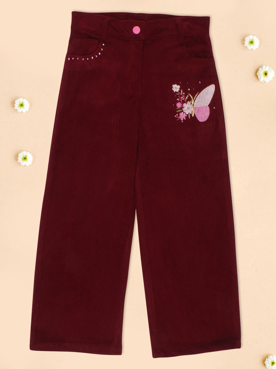 

CUTECUMBER Girls Embroidered Regular Trousers, Maroon