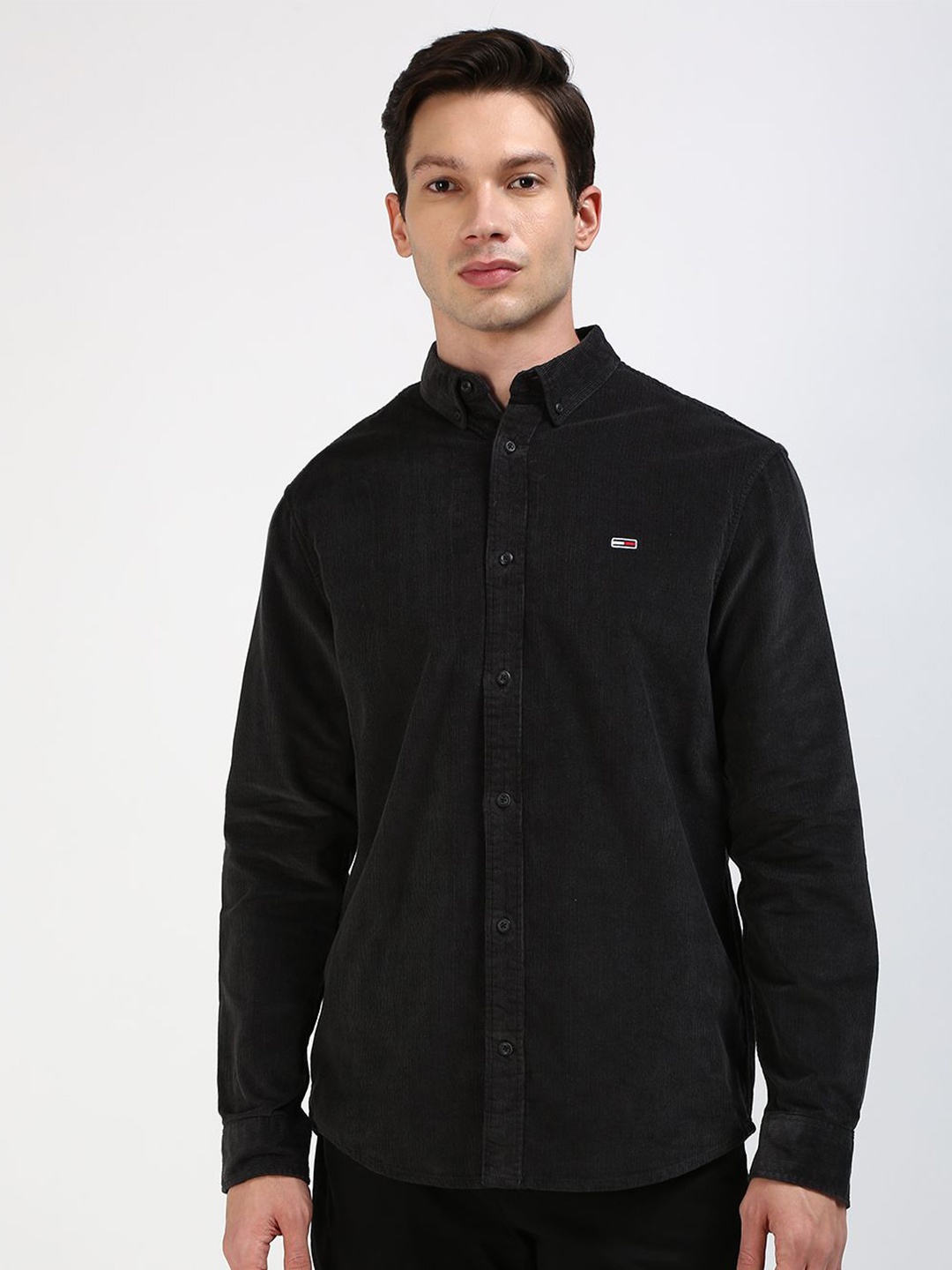 

Tommy Hilfiger Men Button-Down Collar Solid Cotton Casual Shirt, Black