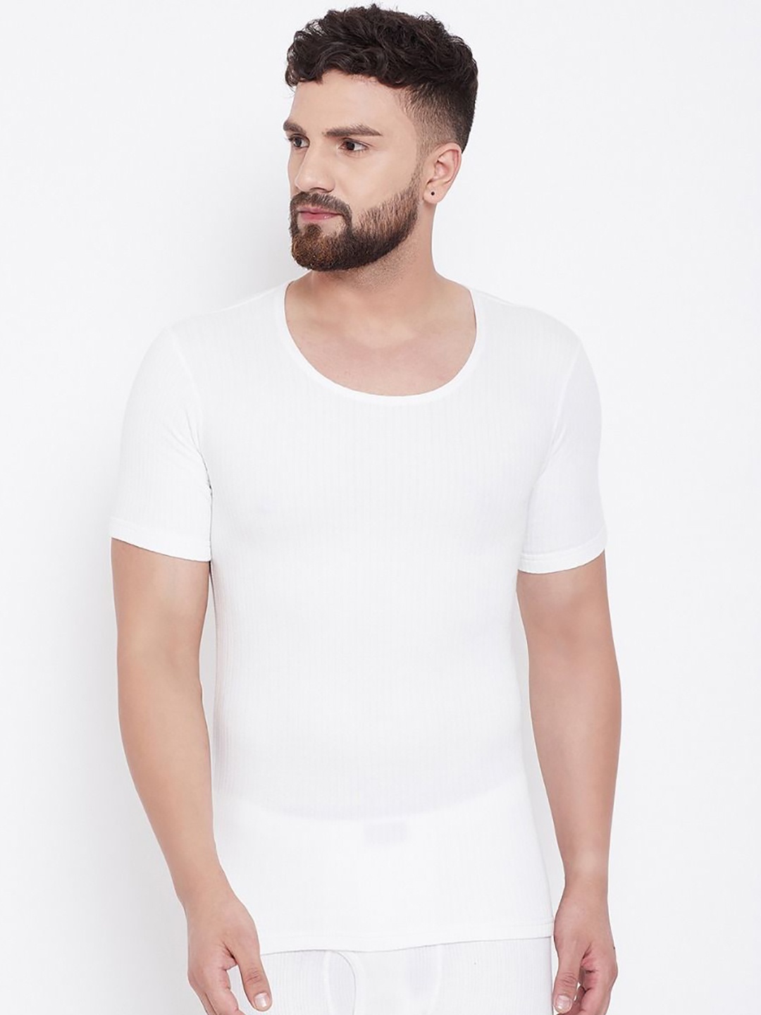 

NEVA Men Striped Round Neck Half Sleeves Thermal Tops, Off white
