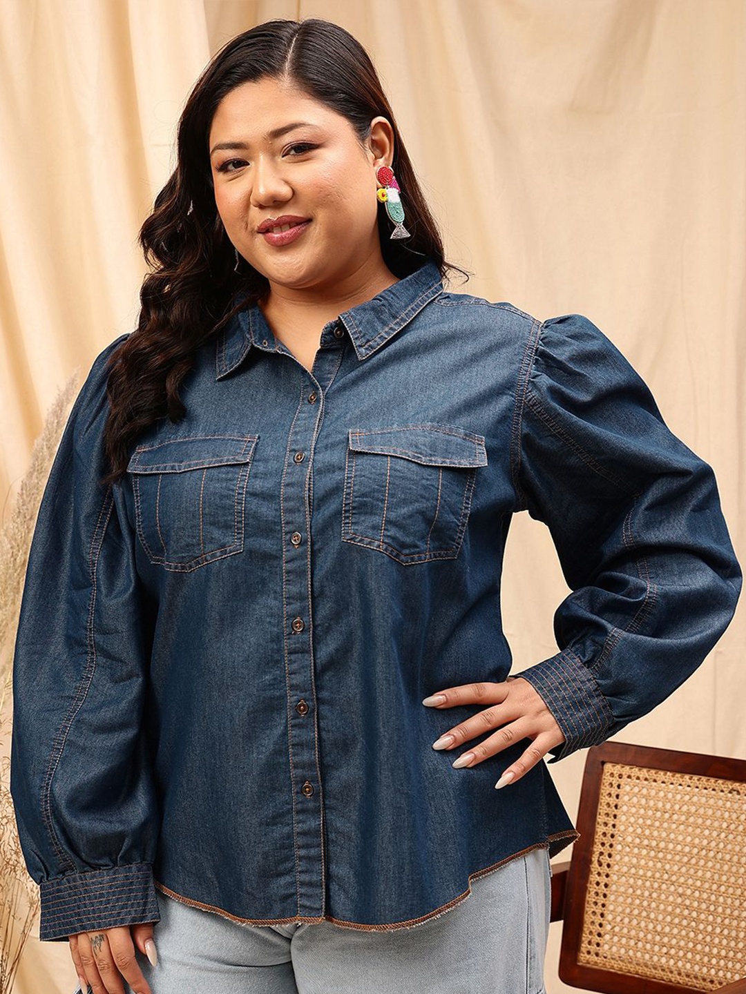 

CURVY STREET Women Plus Size Comfort Spread Collar Faded Cotton Casual Shirt, Blue