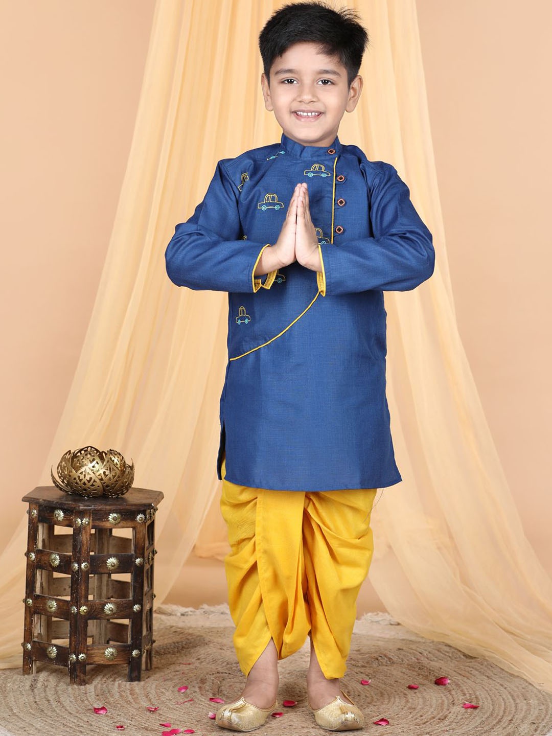 

Here&Now X Kinder Kids Boys Embroidered Patchwork Pure Cotton Kurta with Dhoti Pant, Blue