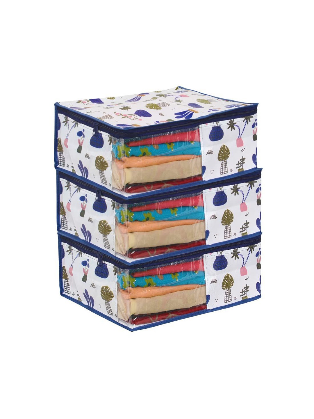 

prettykrafts White & Blue 3 Pieces Floral Printed Foldable Wardrobe Organisers