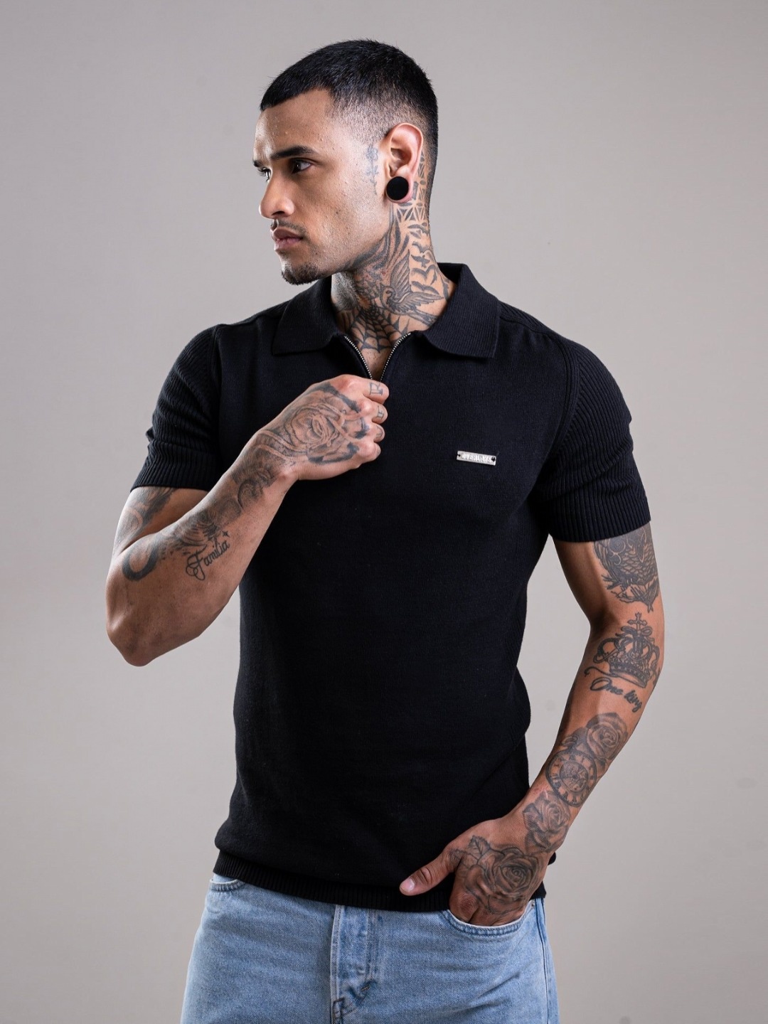 

Overlays Self Design Polo Collar Cotton T-shirt, Black
