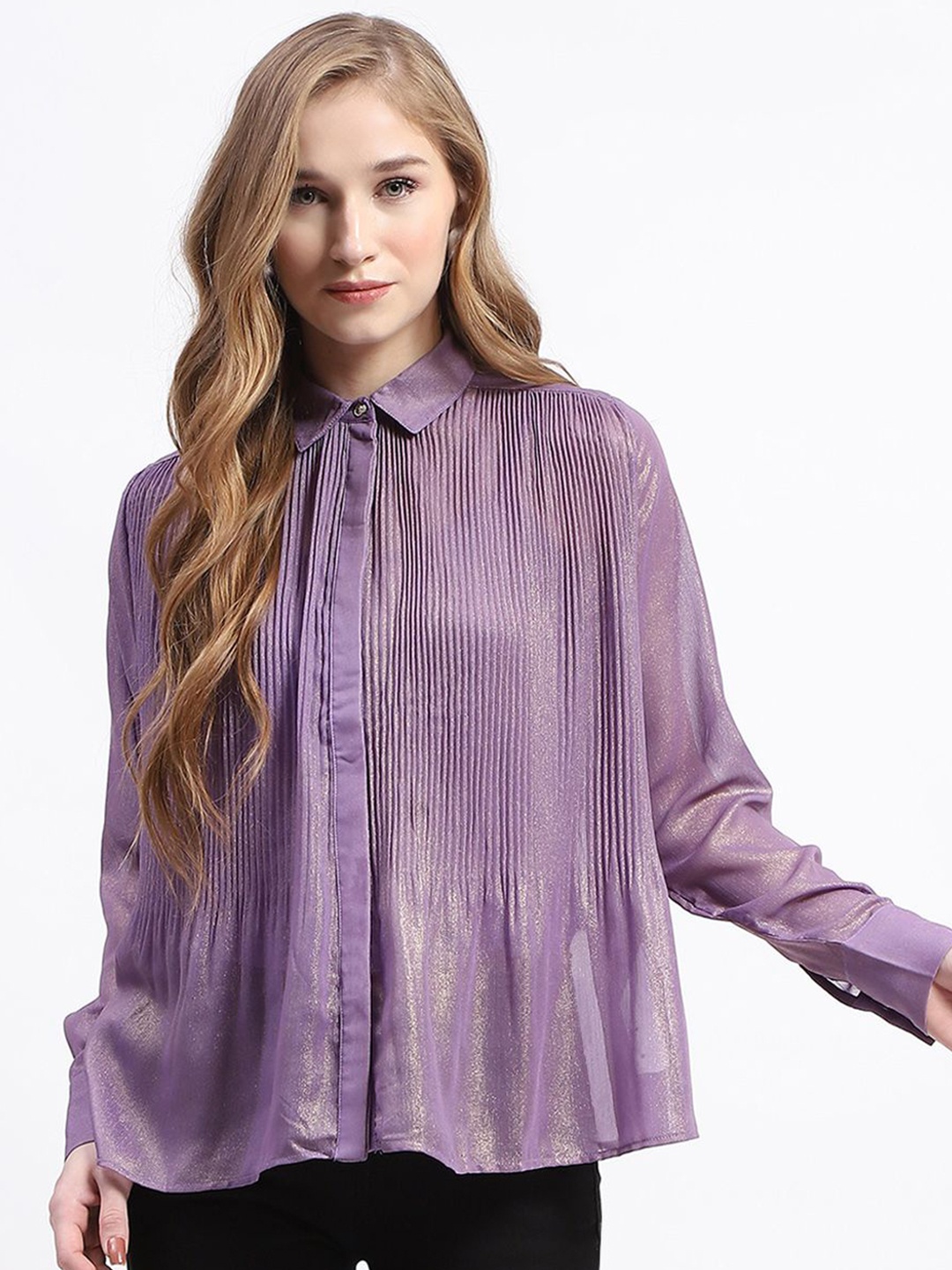 

Madame Women Solid Shirt Collar Top, Mauve
