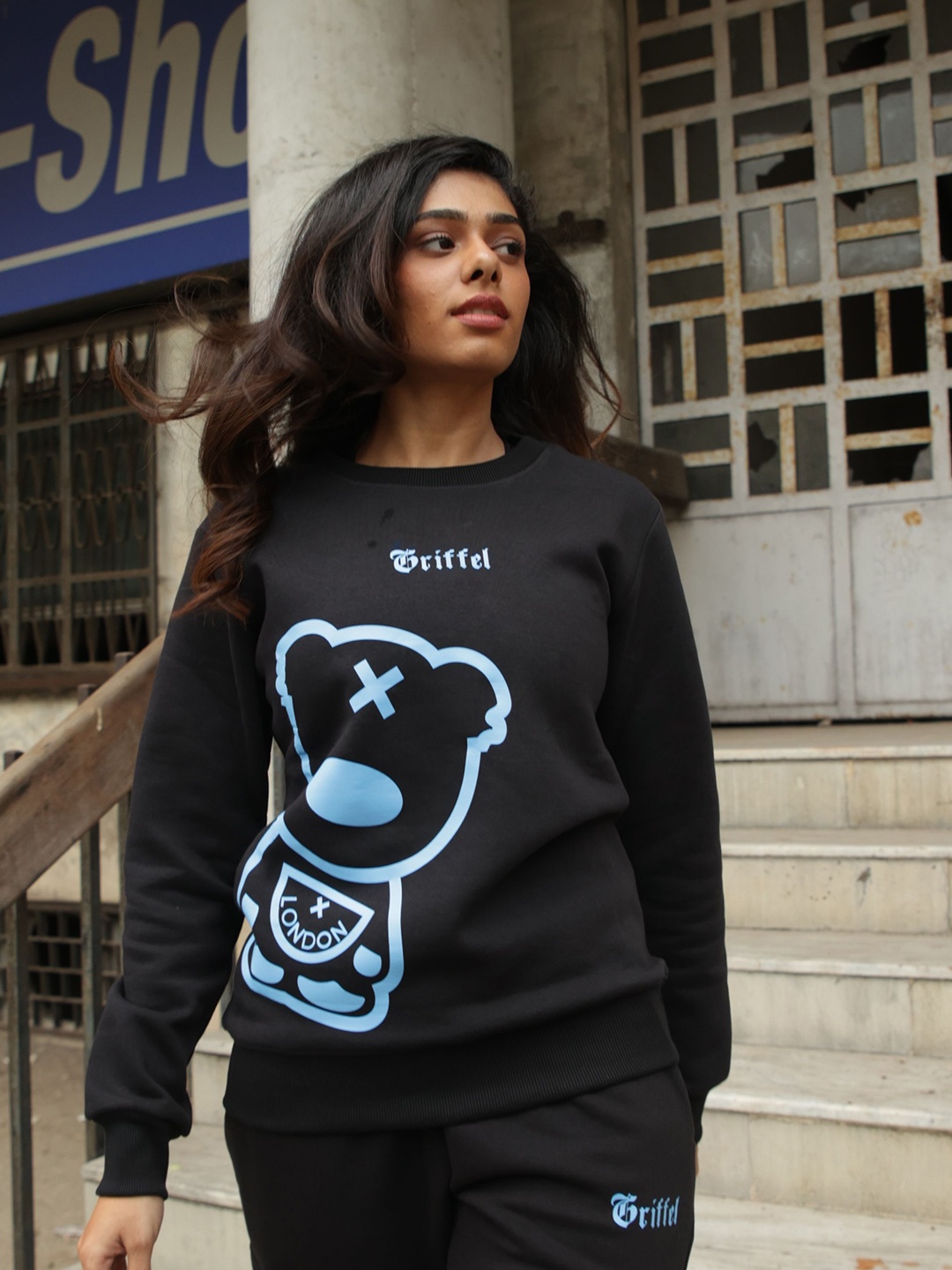 

GRIFFEL Women Graphic Printed Round Neck Sweatshirt, Black