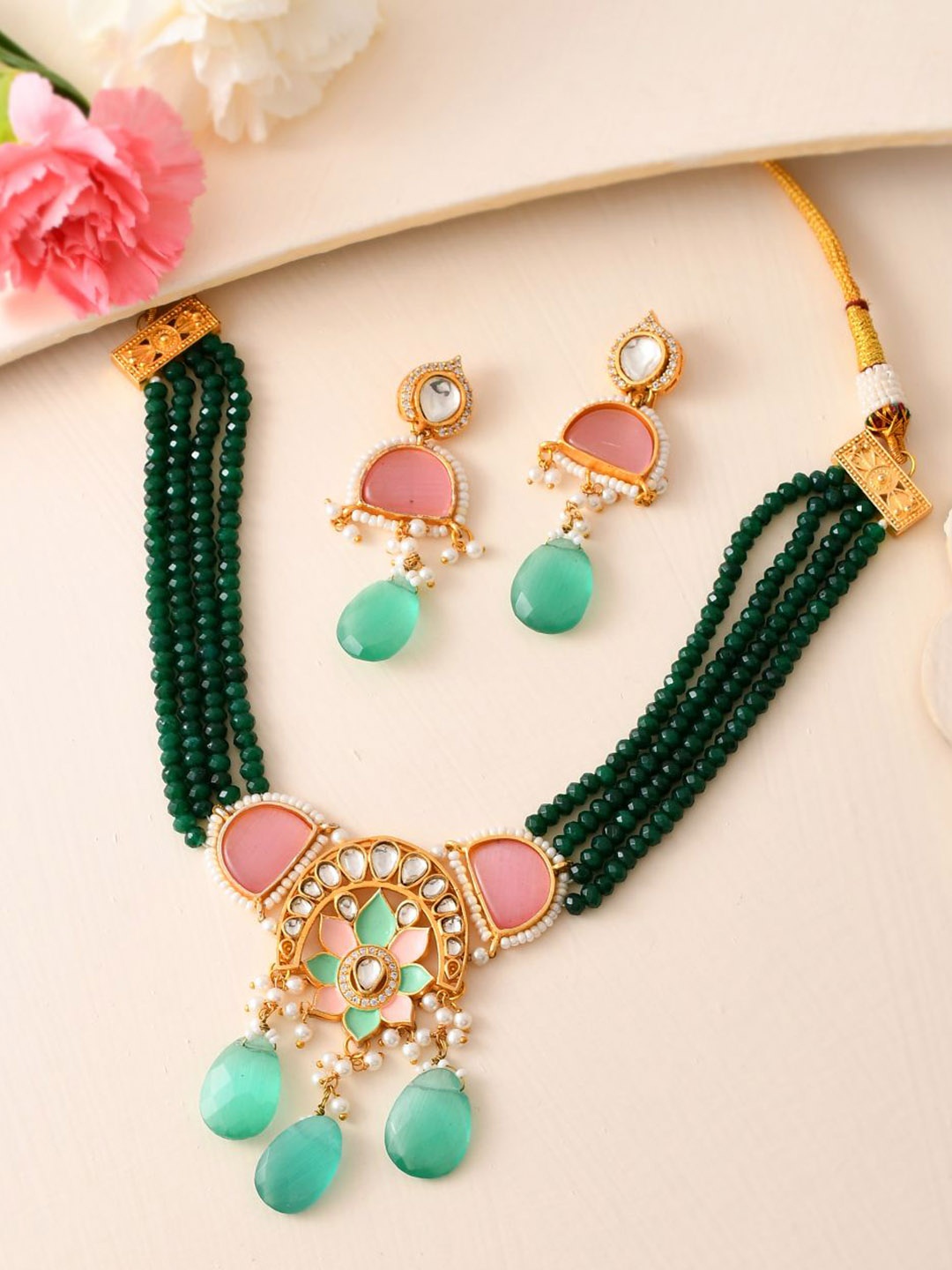 

DASTOOR Gold-Plated Stone-Studded & Beaded Necklace & Earrings