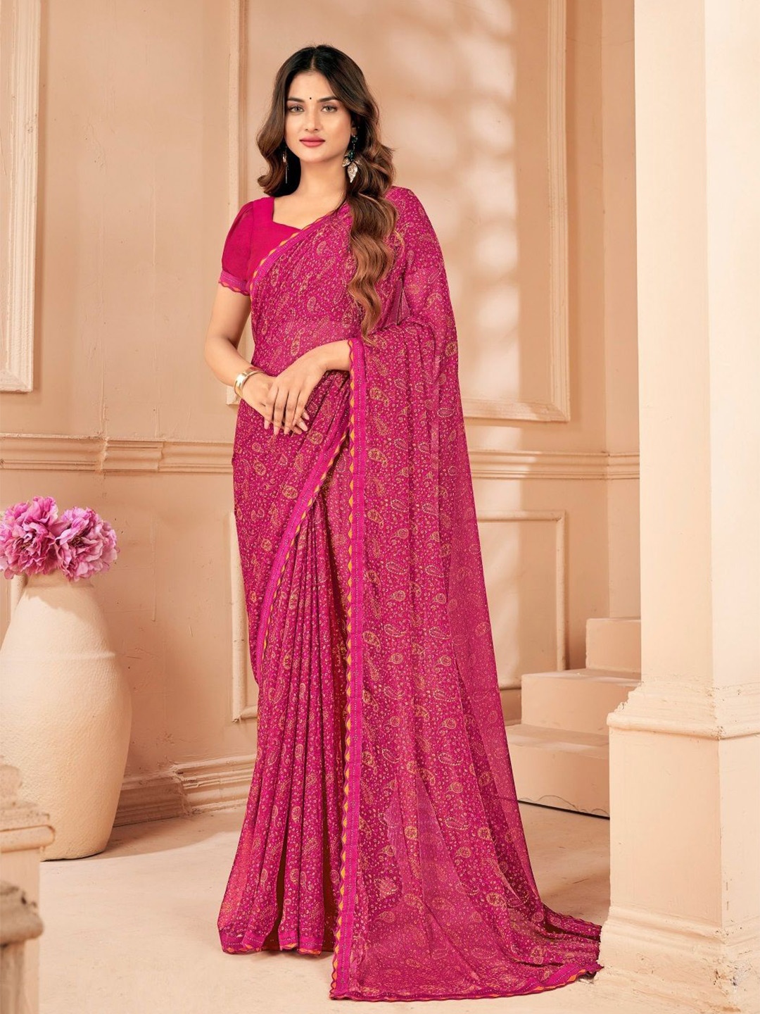 

Reboot Fashions Paisley Pure Chiffon Saree, Pink