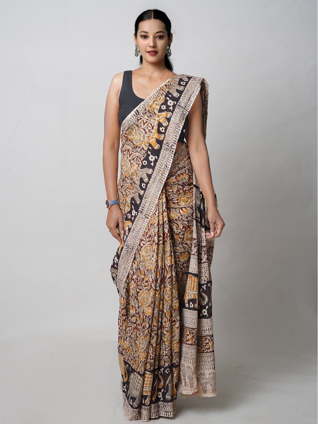 

Unnati Silks Ethnic Motifs Pure Cotton Handloom Block Print Saree, Beige