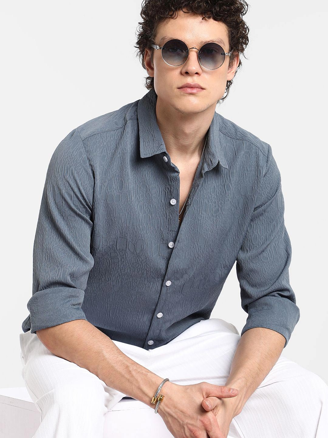 

Campus Sutra Men Comfort Spread Collar Textured Cotton Casual Shirt, Blue