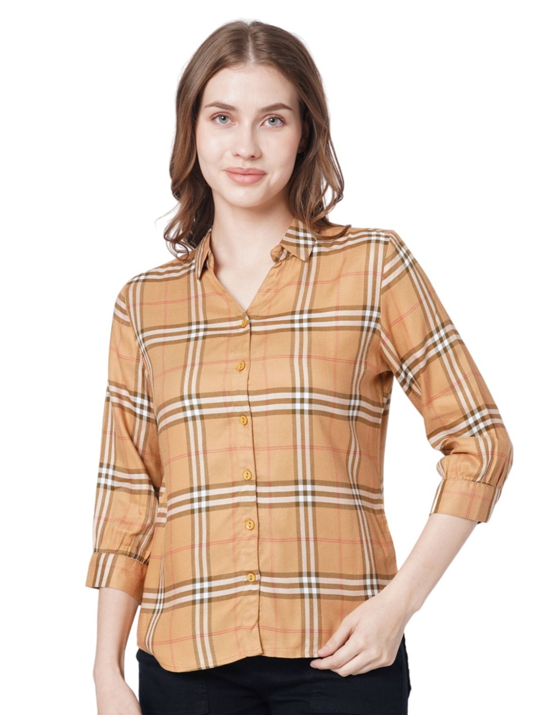 

Kraus Jeans Women Spread Collar Checked Slim Fit Casual Shirt, Khaki