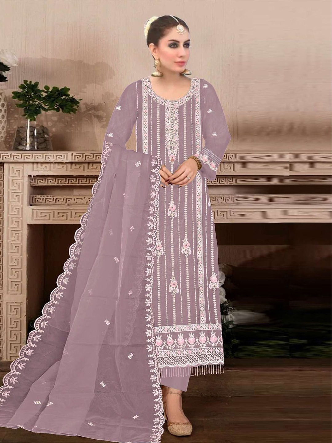 

ODETTE Embroidered Straight Kurta with Trousers & With Dupatta, Mauve