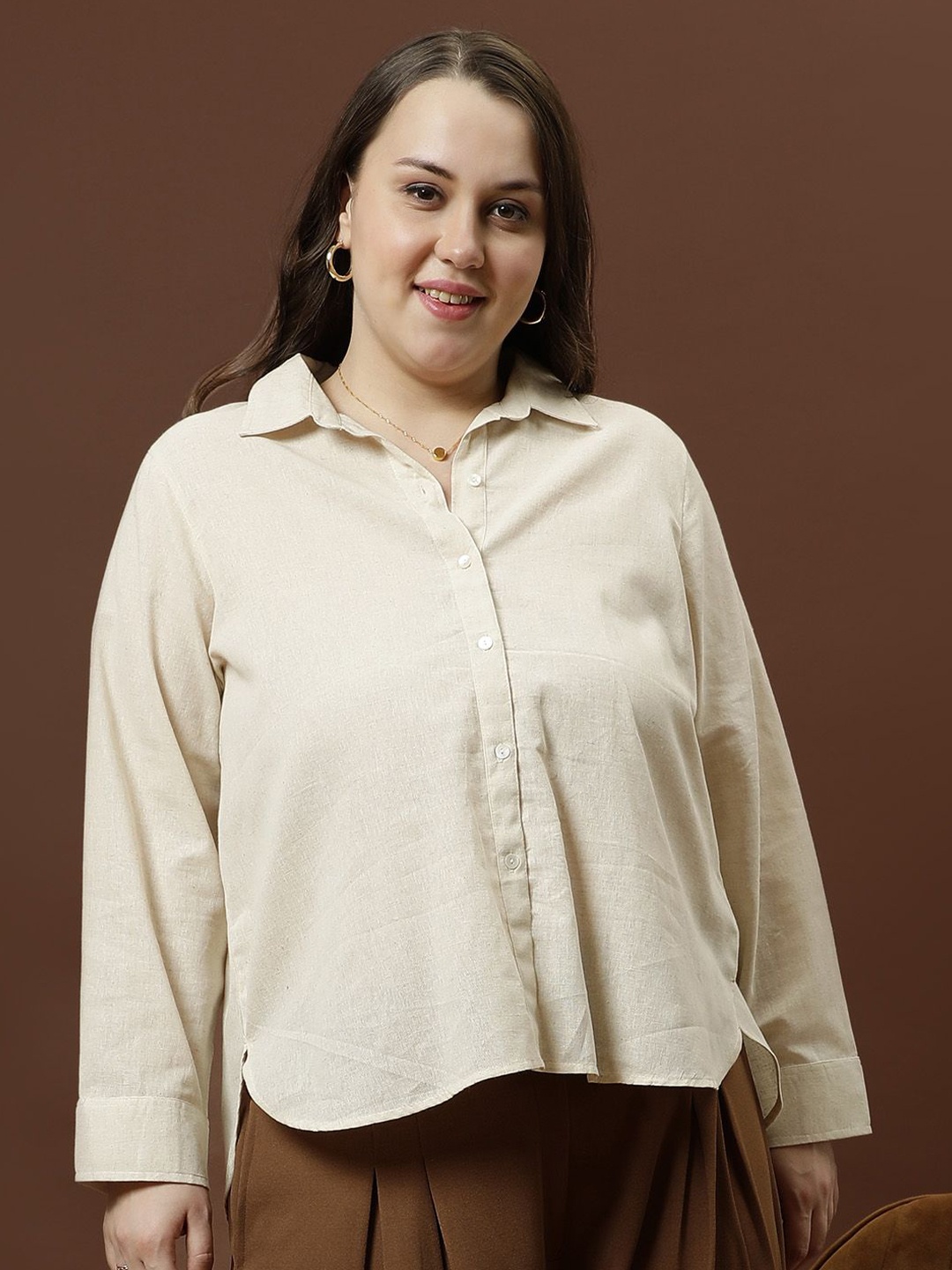 

Athena Ample Women Plus Size Solid Linen Casual Shirt, Beige