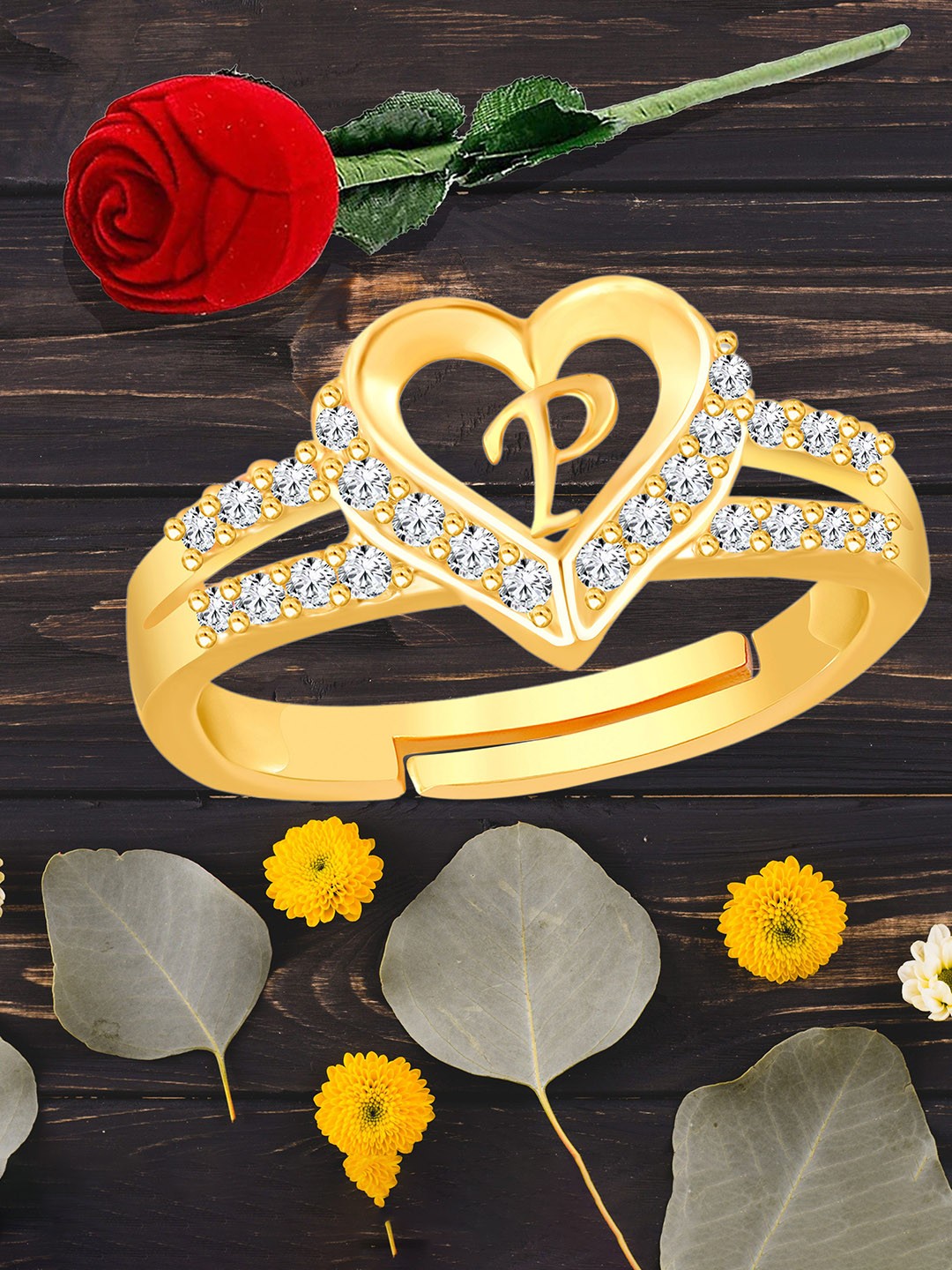 

Heer Collection Gold-Plated American Diamond Studded Alphabet P Adjustable Finger Ring