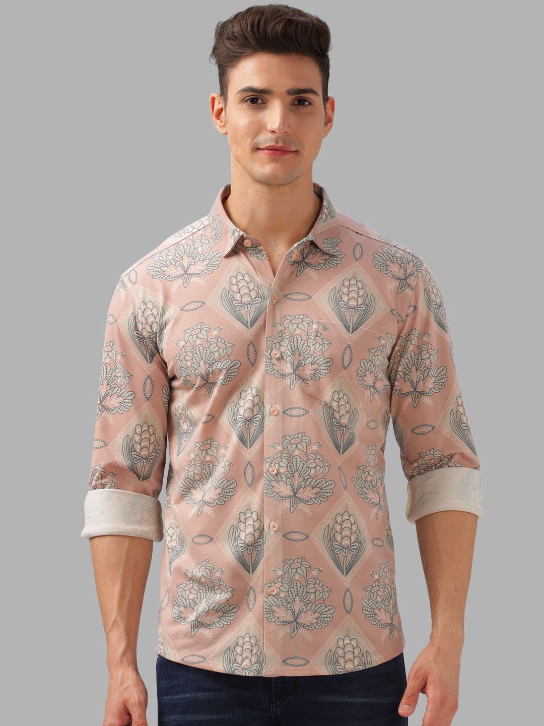 

BULLMER Men Spread Collar Floral Printed Cotton Casual Shirt, Pink