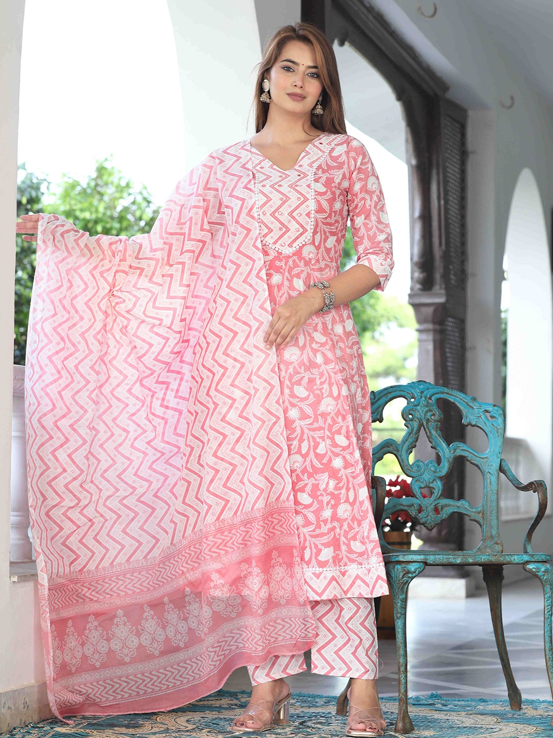 

SINGNI Women Embroidered Mirror Work Pure Cotton Kurta with Trousers & With Dupatta, Peach