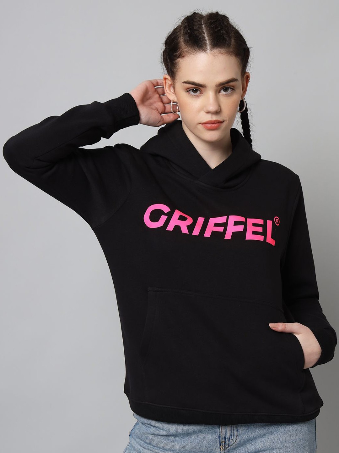 

GRIFFEL Women Typography Printed Hooded Sweatshirt, Black