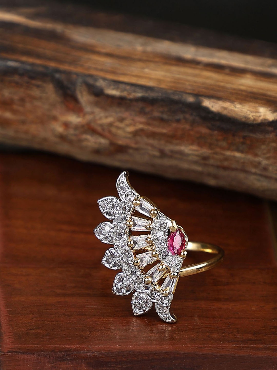 

ANIKAS CREATION Gold-Plated CZ-Studded Adjustable Finger Ring