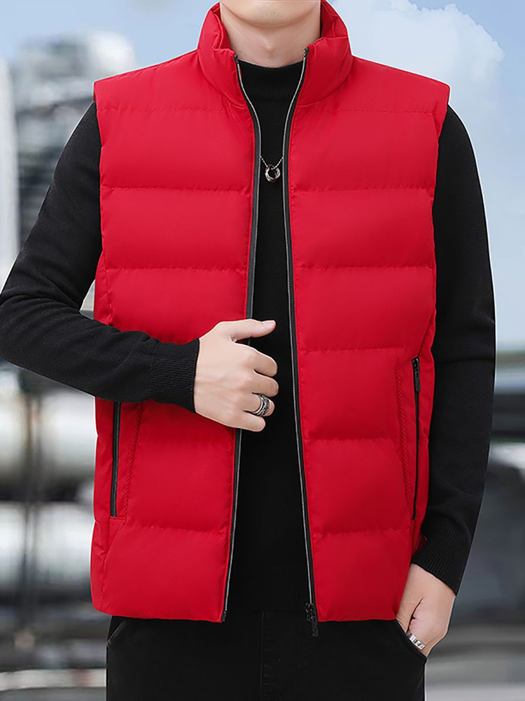 

StyleCast x Revolte Men Stand Collar Sleeveless Padded Jacket, Red