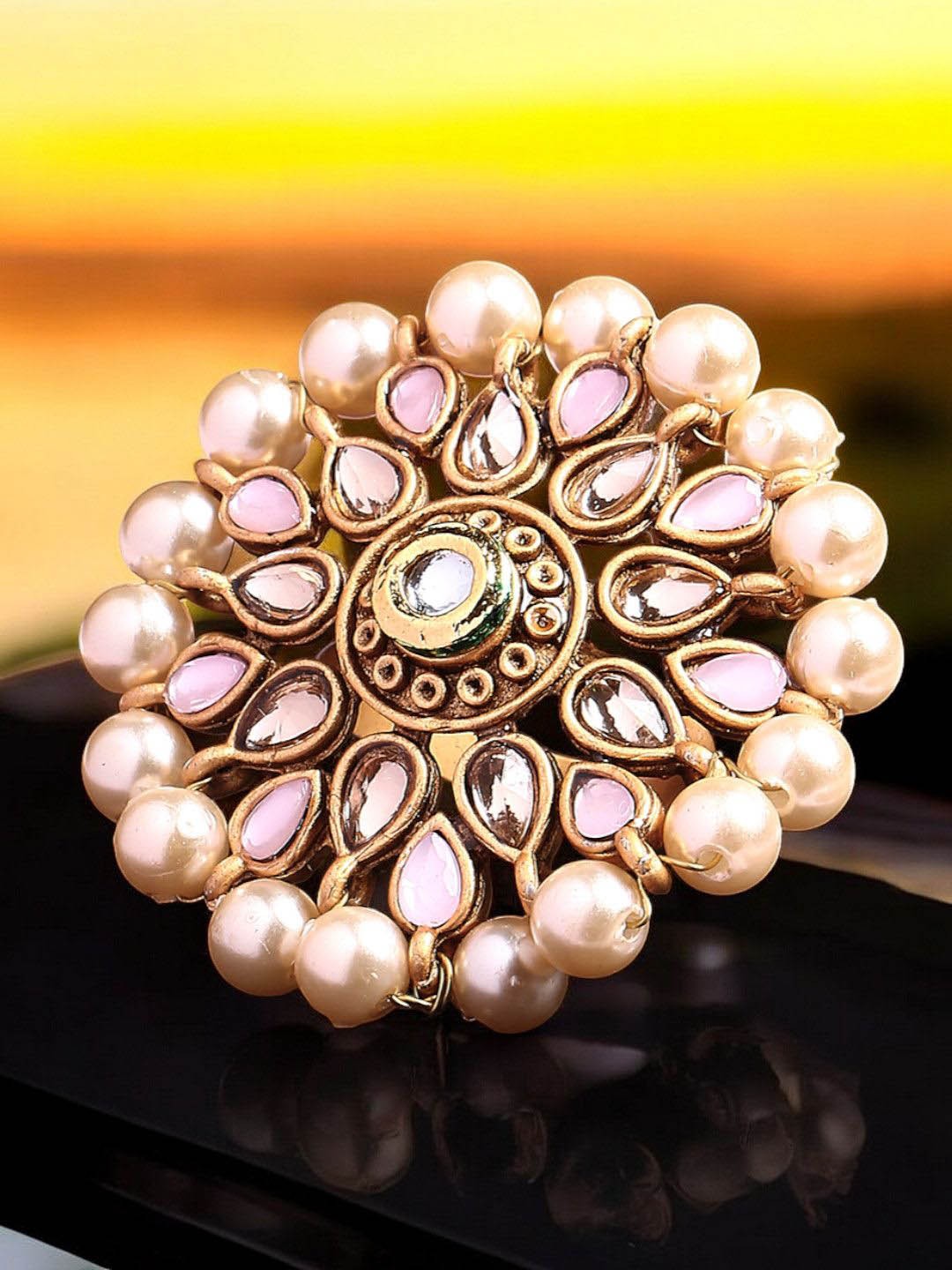 

OOMPH Kundan Studded & Beaded Finger Ring, Gold