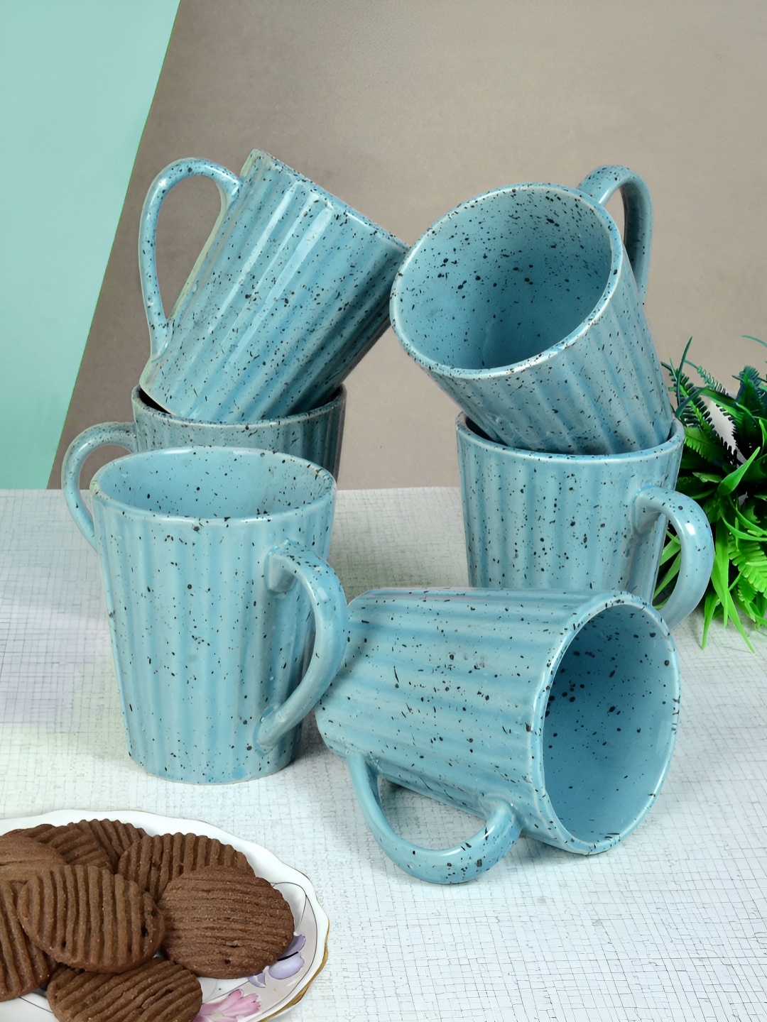 

FABINALIV Turquoise Blue 6 Pieces Textured Ceramic Glossy Mugs 250 ml