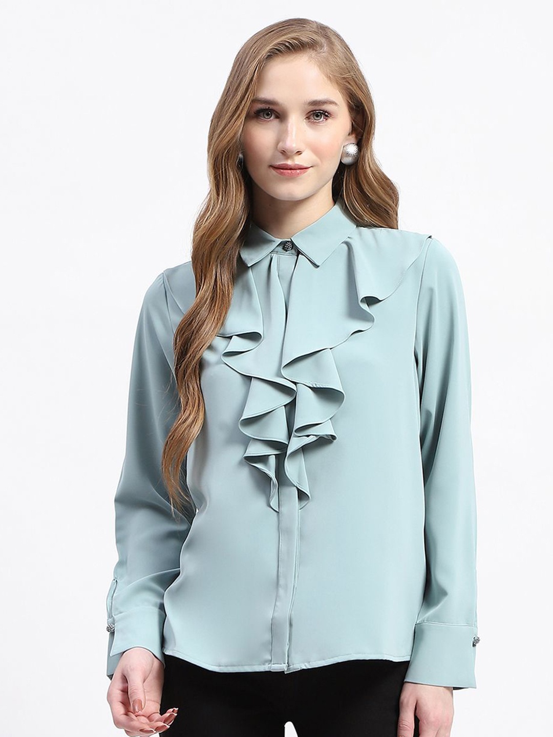 

Madame Women Cutaway Collar Solid Relaxed Fit Casual Shirt, Blue