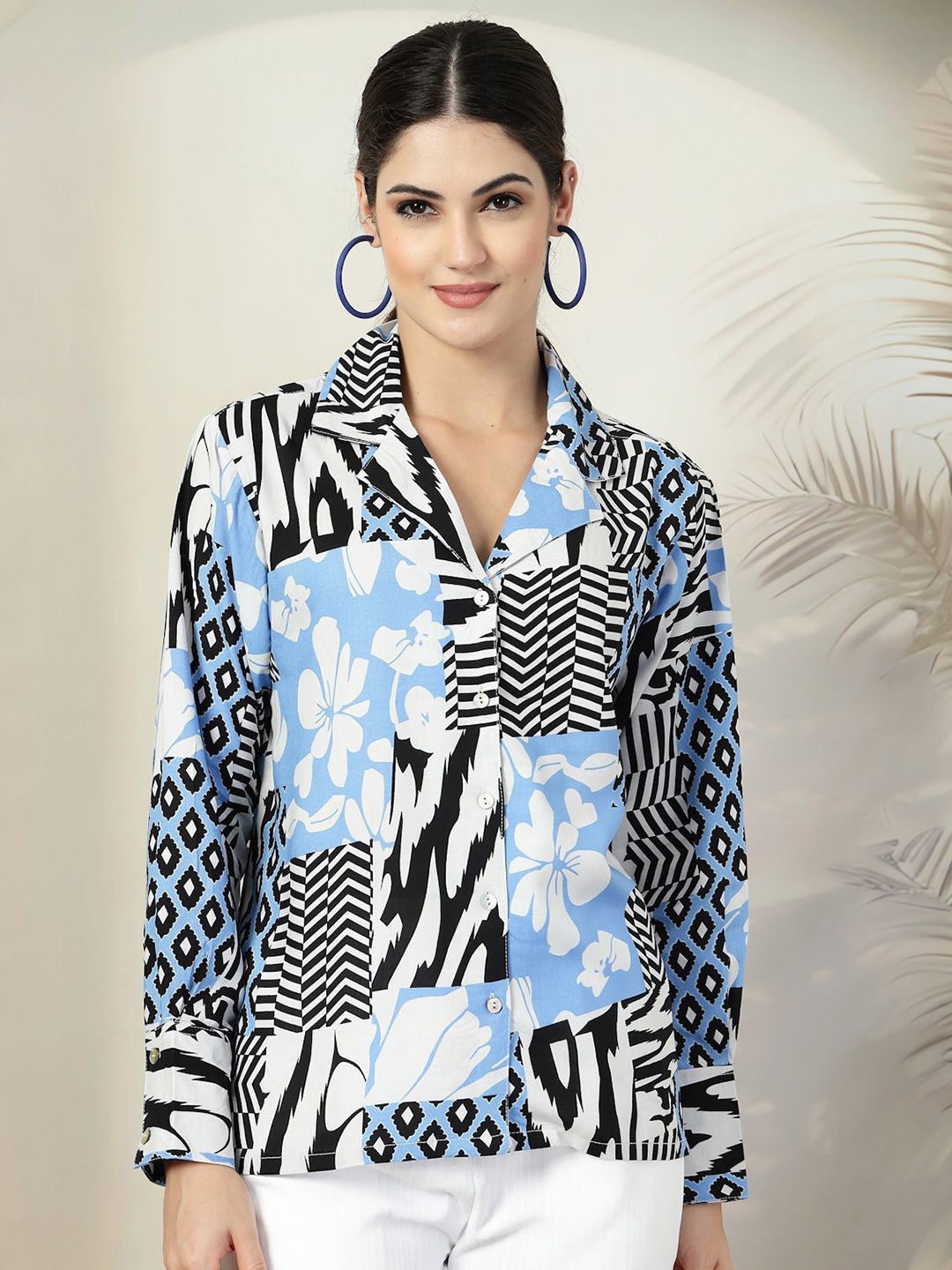 

plusS Women Standard Cuban Collar Floral Printed Casual Shirt, Blue