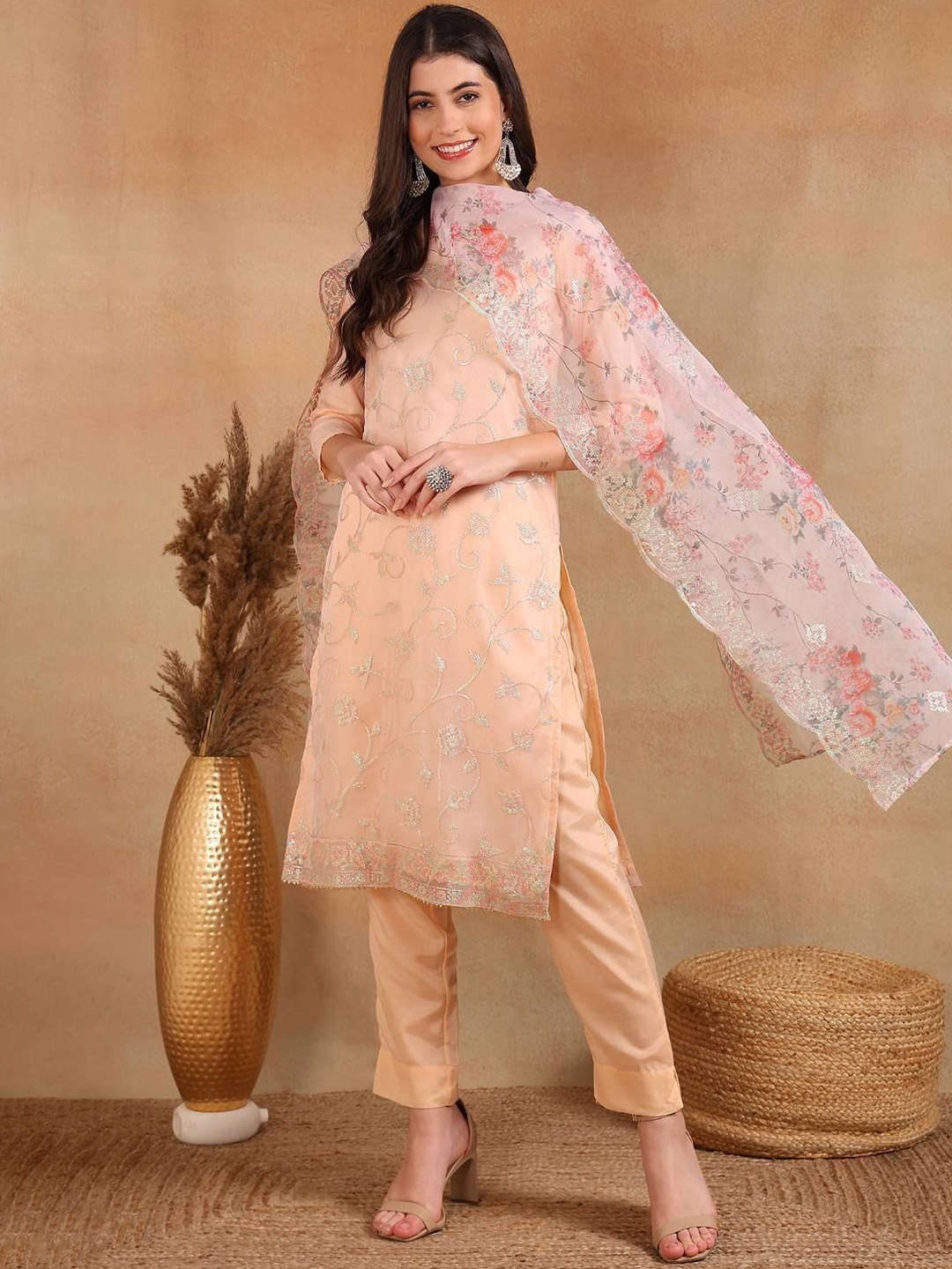 

KALINI Floral Sequinned Straight Kurta with Trousers & Dupatta, Peach