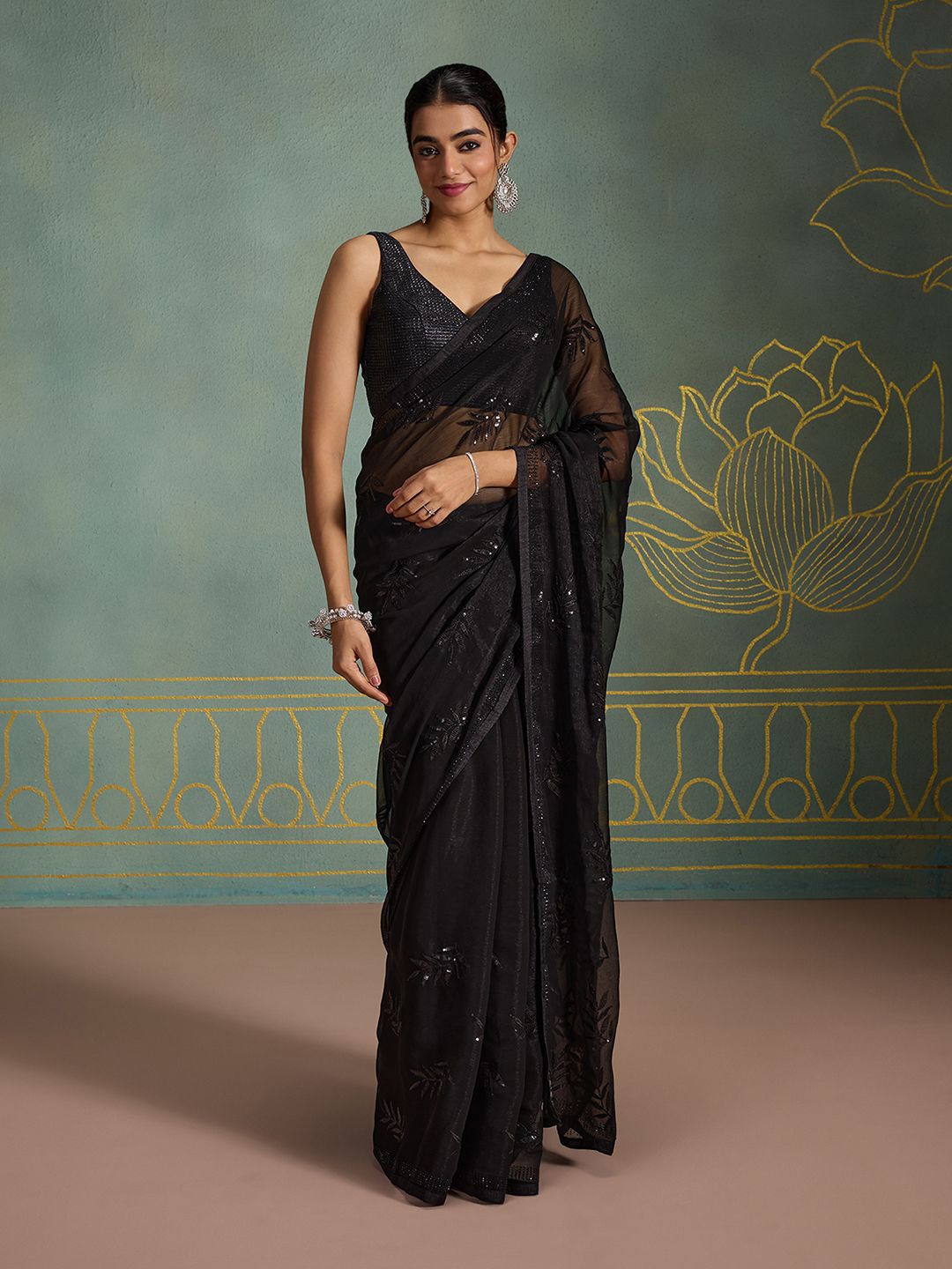 

Likha Floral Beads and Stones Pure Chiffon Saree, Black