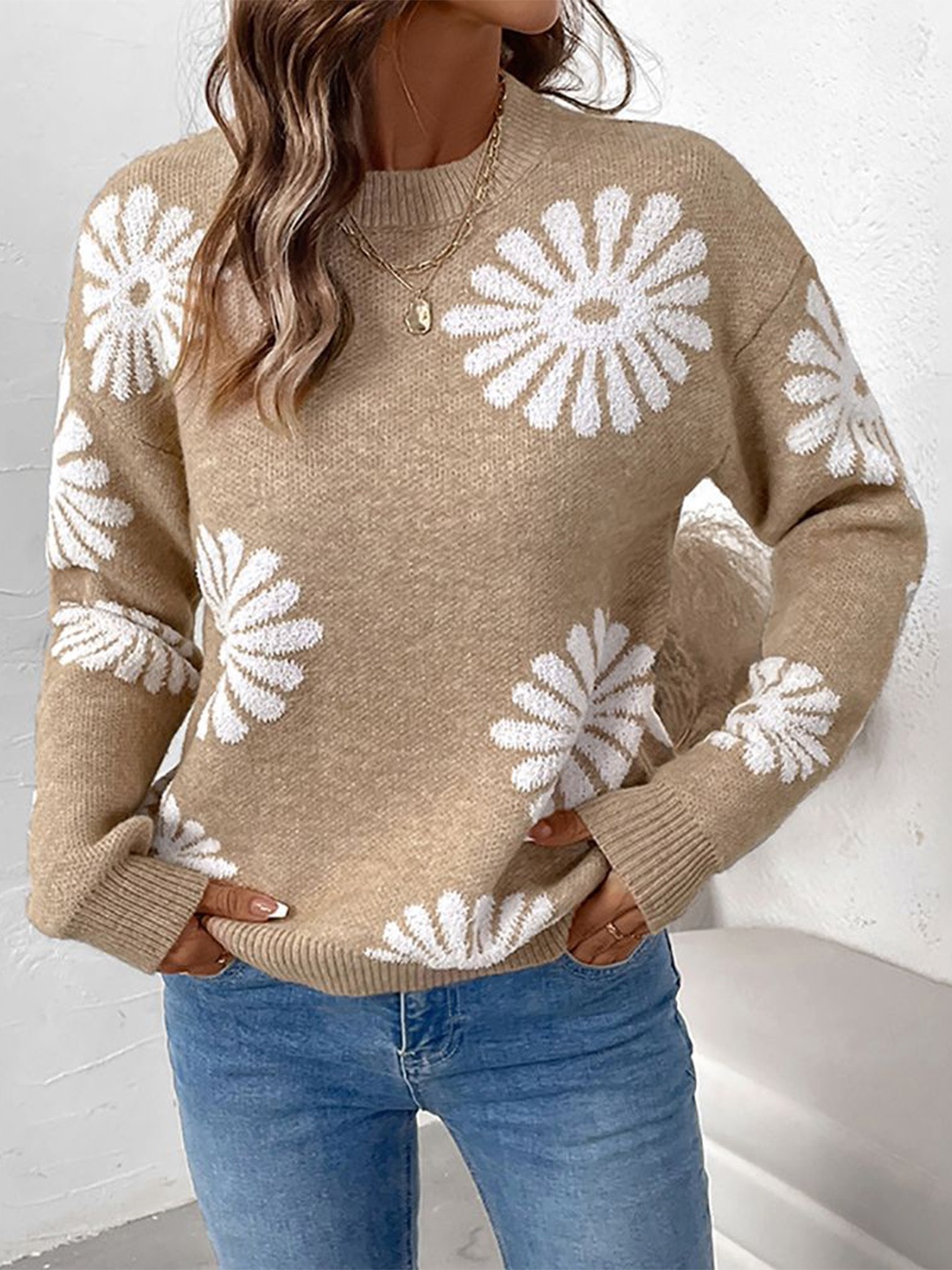 

StyleCast x Revolte Women Floral Round Neck Long Sleeves Pullover, Khaki