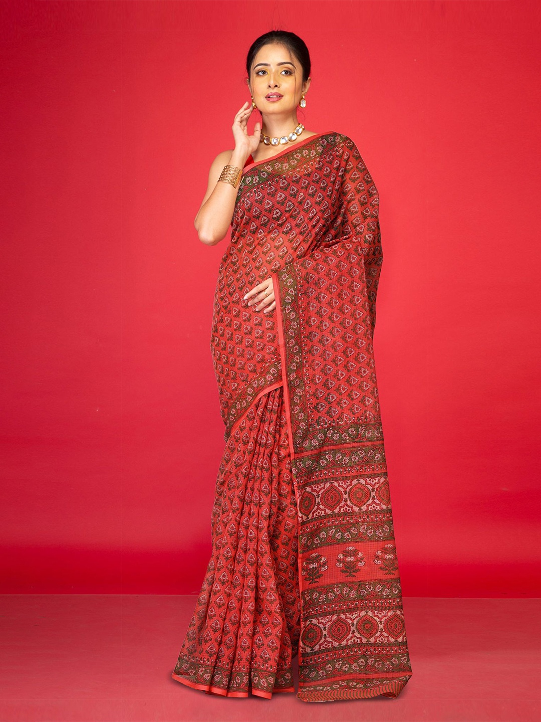 

Unnati Silks Ethnic Motifs Net Handloom Kota Saree and Blouse Piece, Peach