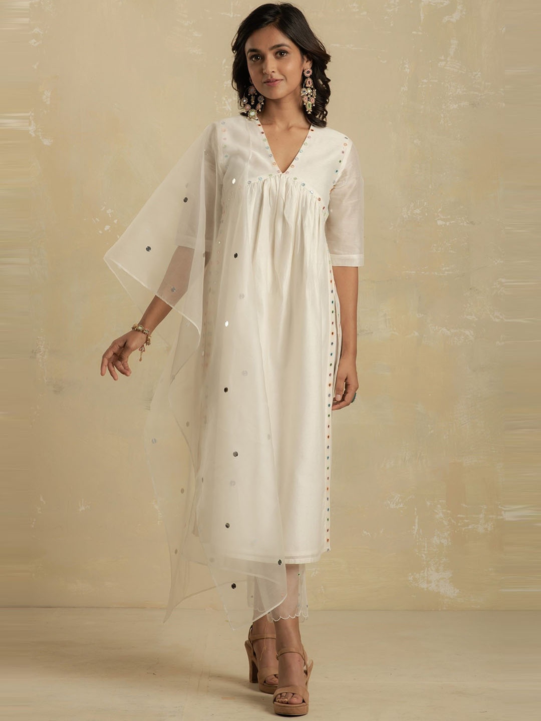 

charkhee Women Chanderi Cotton Kurta with Pyjamas & With Dupatta, Off white