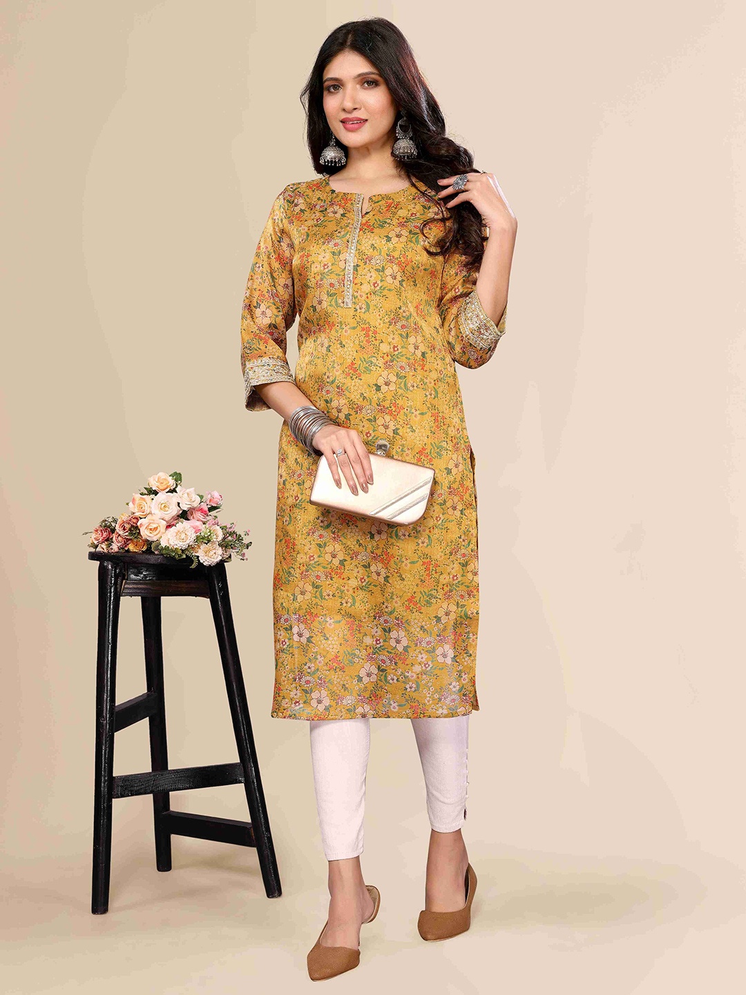 

SUNDARNAARI Floral Printed Round Neck Sequinned Straight Kurta, Mustard