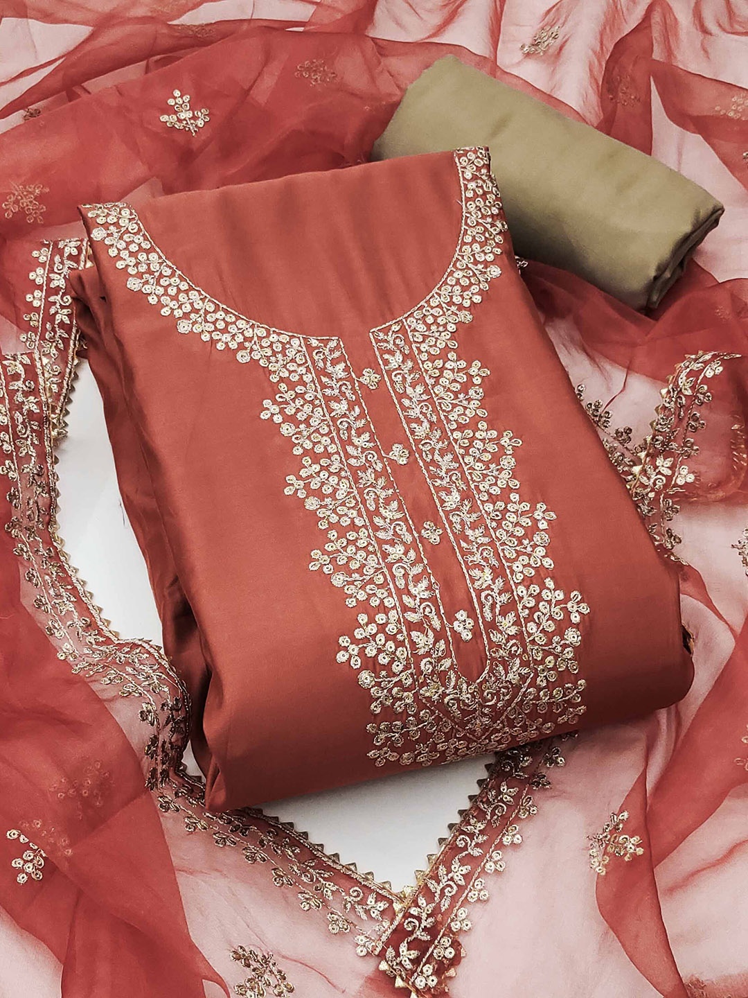 

KALINI Embroidered Pure Cotton Semi-Stitched Dress Material, Rust
