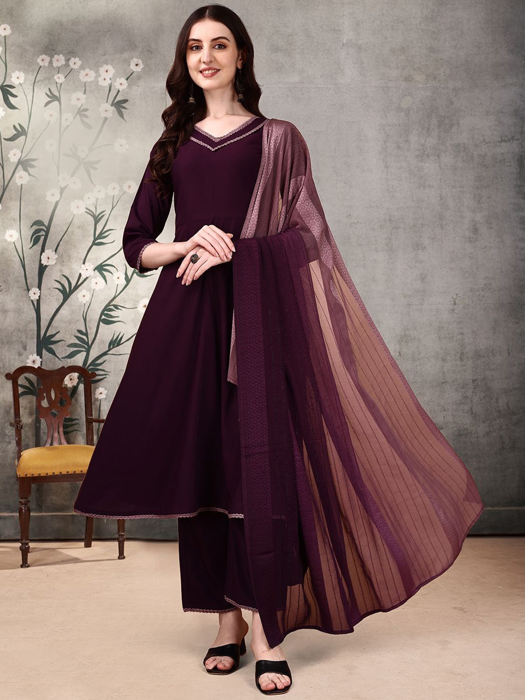 

KALINI V Neck Gotta Patti Anarkali Kurta with Palazzos & Dupatta, Purple
