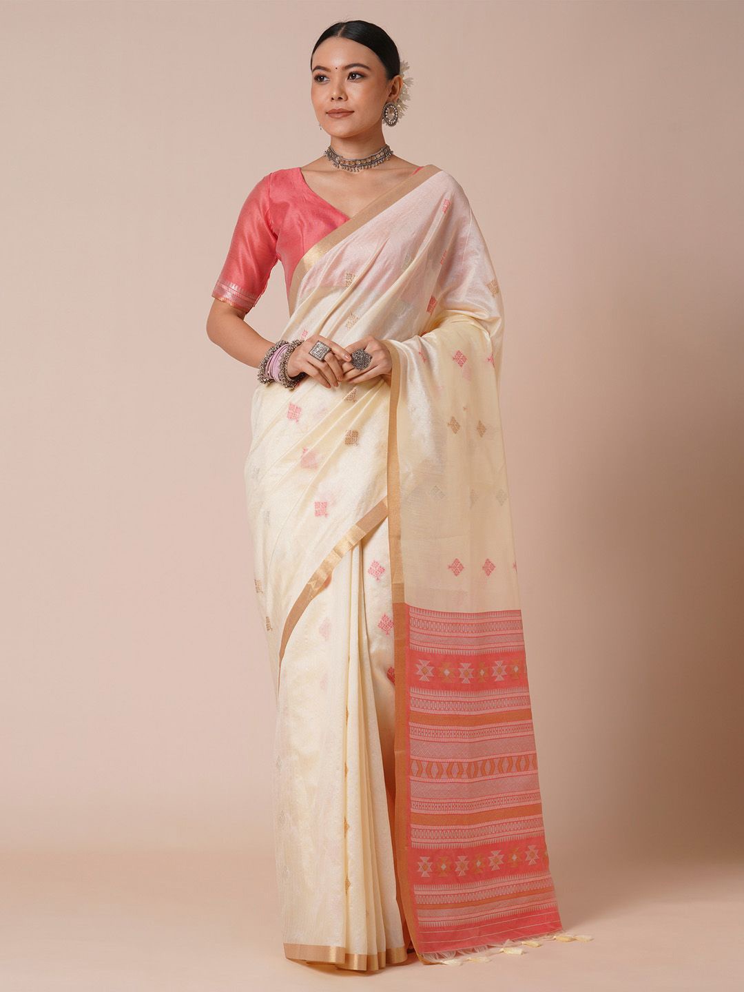 

House of Pataudi Ethnic Motif Woven Design Banarasi Silk Saree, Off white