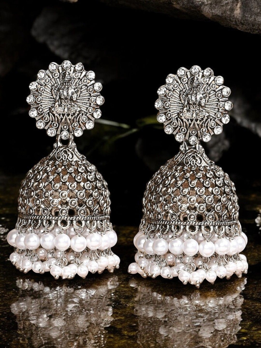

OOMPH Artificial Stones Studded and Beaded Contemporary Oxidised Jhumkas, Silver