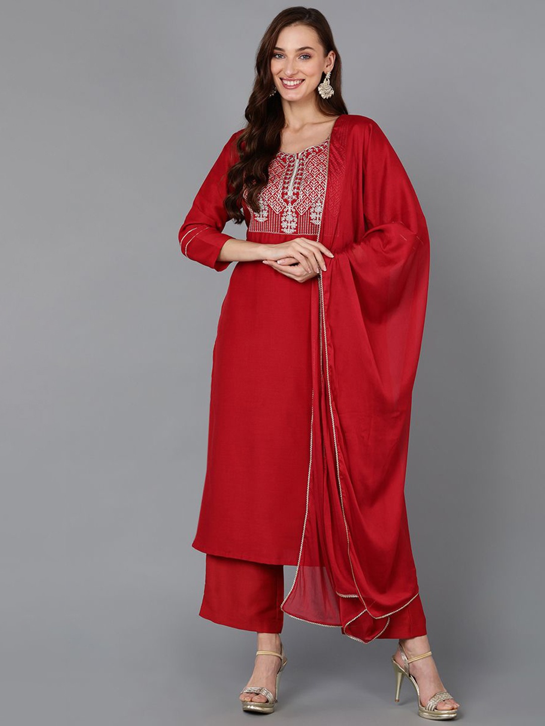

KALINI Ethnic Motifs Yoke Design Straight Kurta With Palazzos & Dupatta, Red