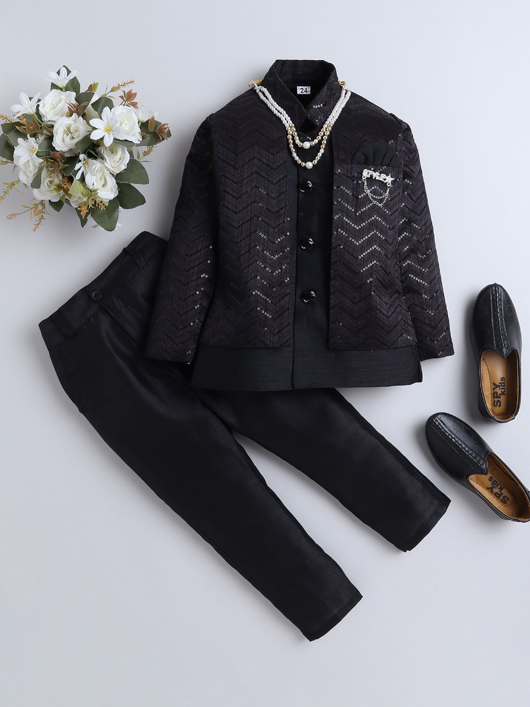 

BAESD Boys Embellished Sequinned Mandarin collar Bandhgala Blazer With Trouser, Black
